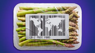 Illustration of a world-shaped barcode sticker on a package of asparagus 